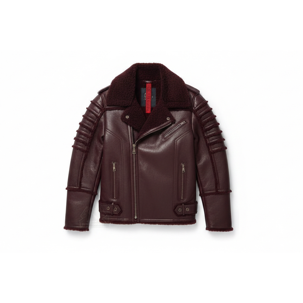 A dark burgundy leather motorcycle jacket with a plush dark brown shearling-style collar, ribbed sleeve details, and a front zipper, shown flat on a white background.