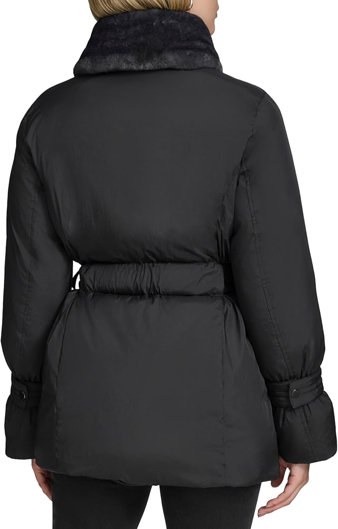 Andrew Marc Womens  Belted Jacket With Soft Faux Fur Collar