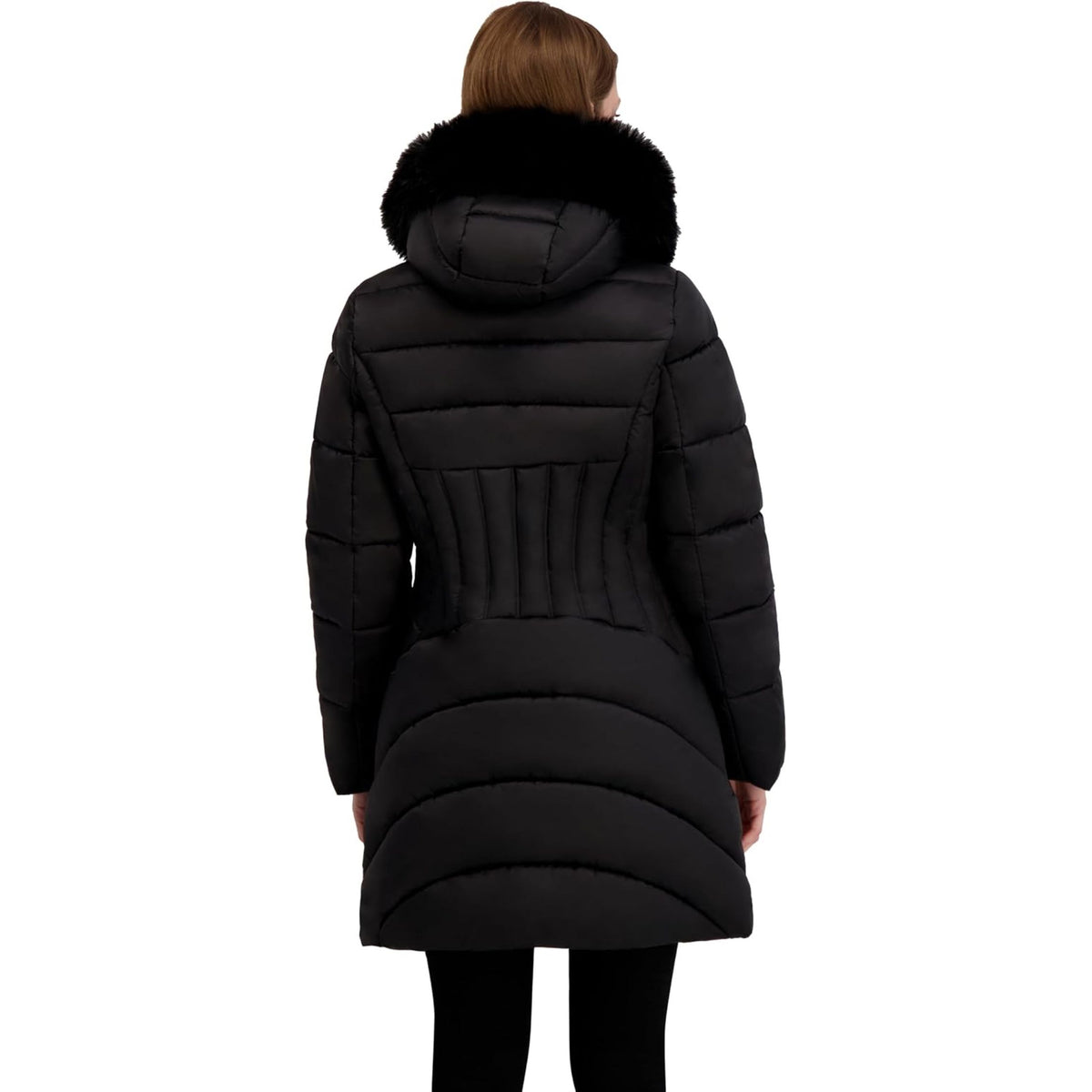 A woman viewed from the back wearing a black puffer coat with a black faux-fur hood trim, set against a plain white background.