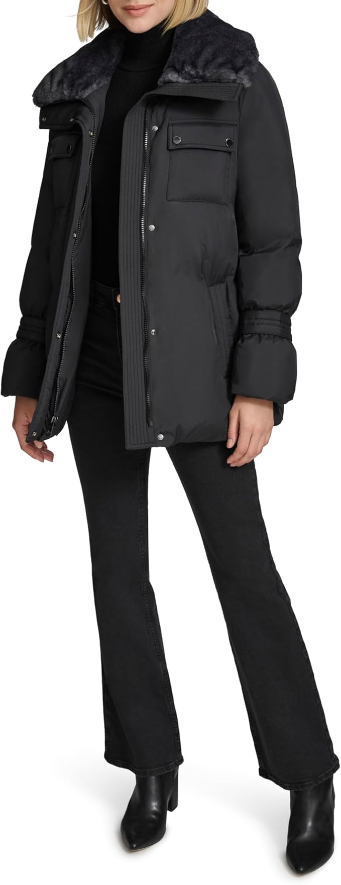 Andrew Marc Womens  Belted Jacket With Soft Faux Fur Collar