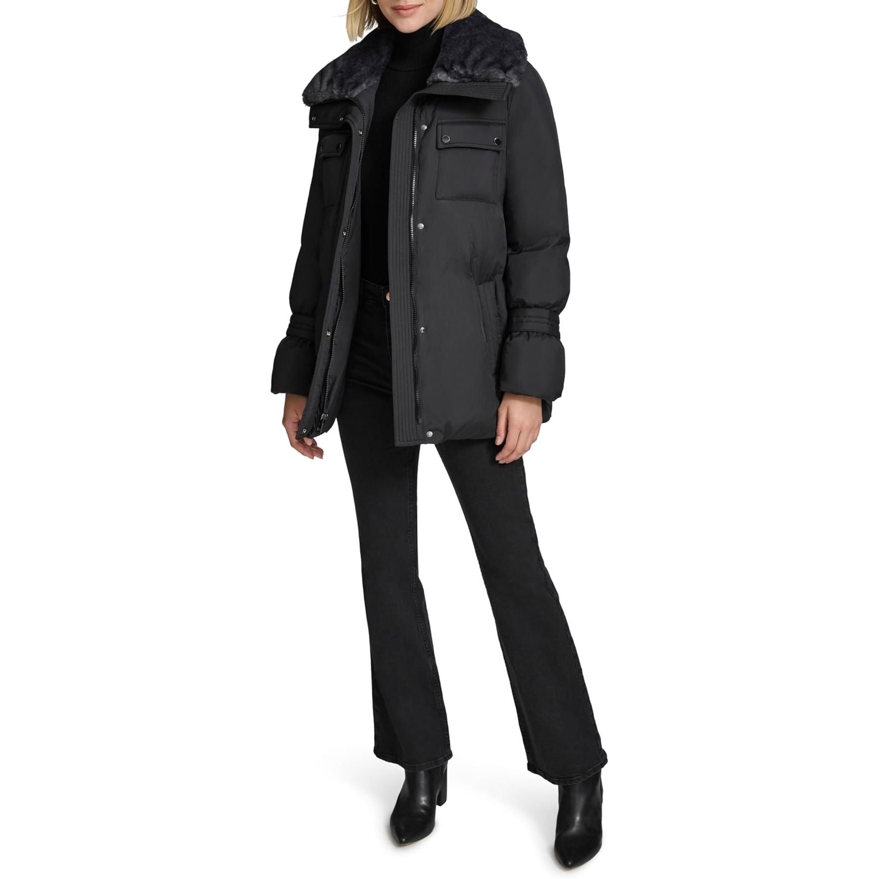 Andrew Marc Womens Belted Jacket With Soft Faux Fur Collar