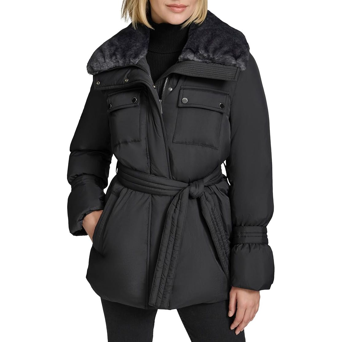 Andrew Marc Womens Belted Jacket With Soft Faux Fur Collar