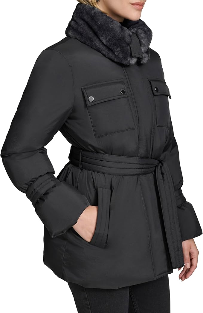 Andrew Marc Womens  Belted Jacket With Soft Faux Fur Collar