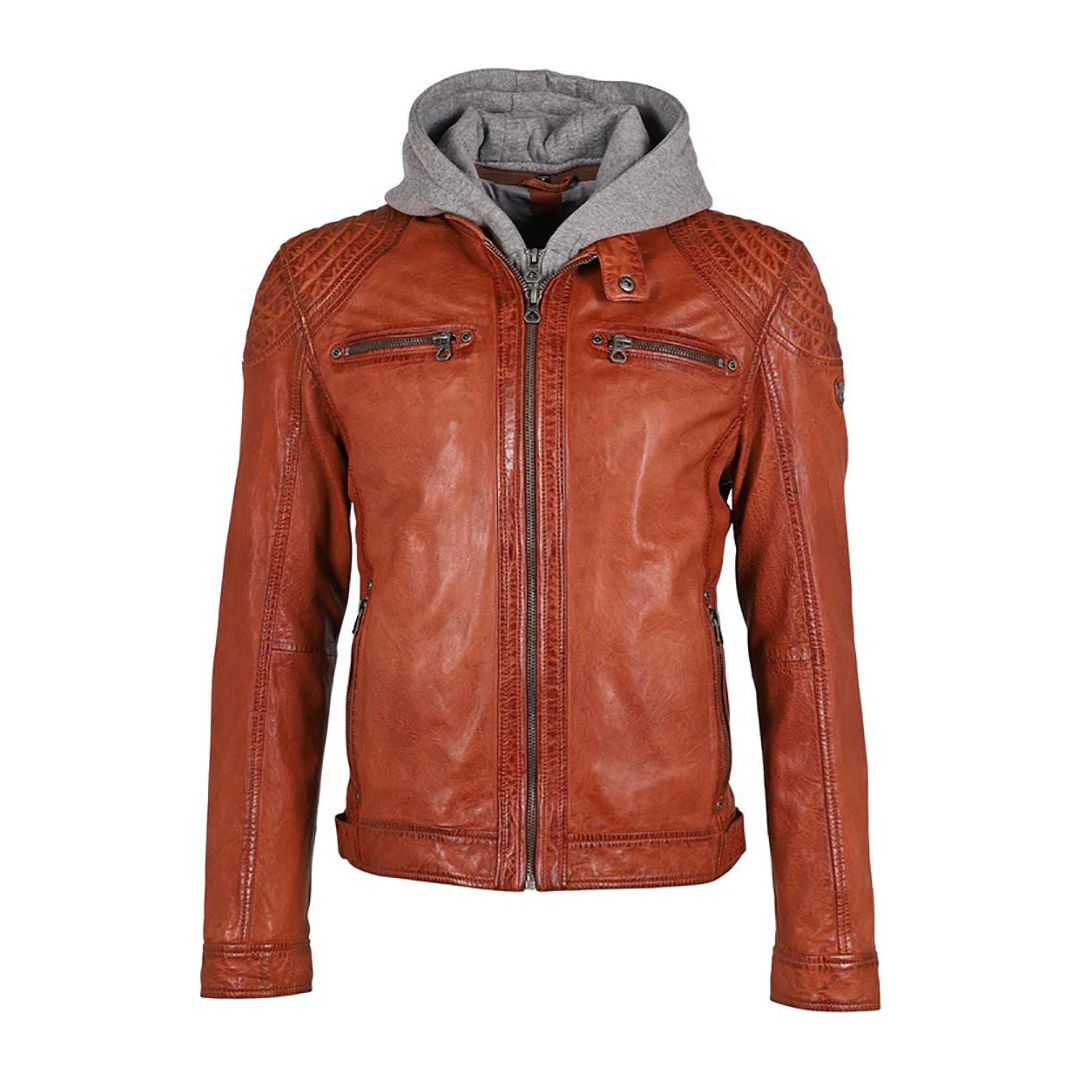 Mauritius Men's BARLO Lambskin Leather Jacket with Double Zipper & Fleece Hood, Brick