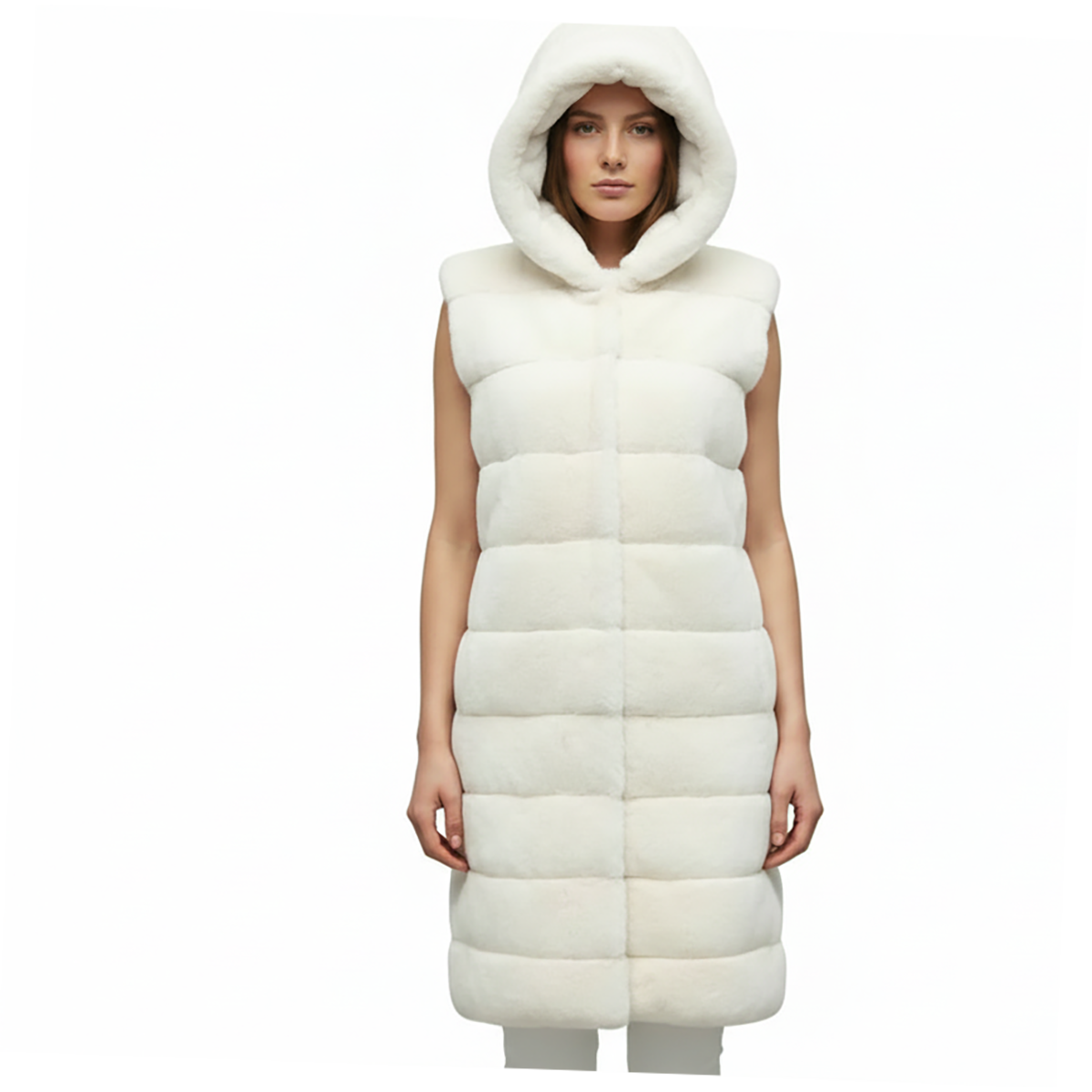 White puffer vest with hood worn by a model on a white background