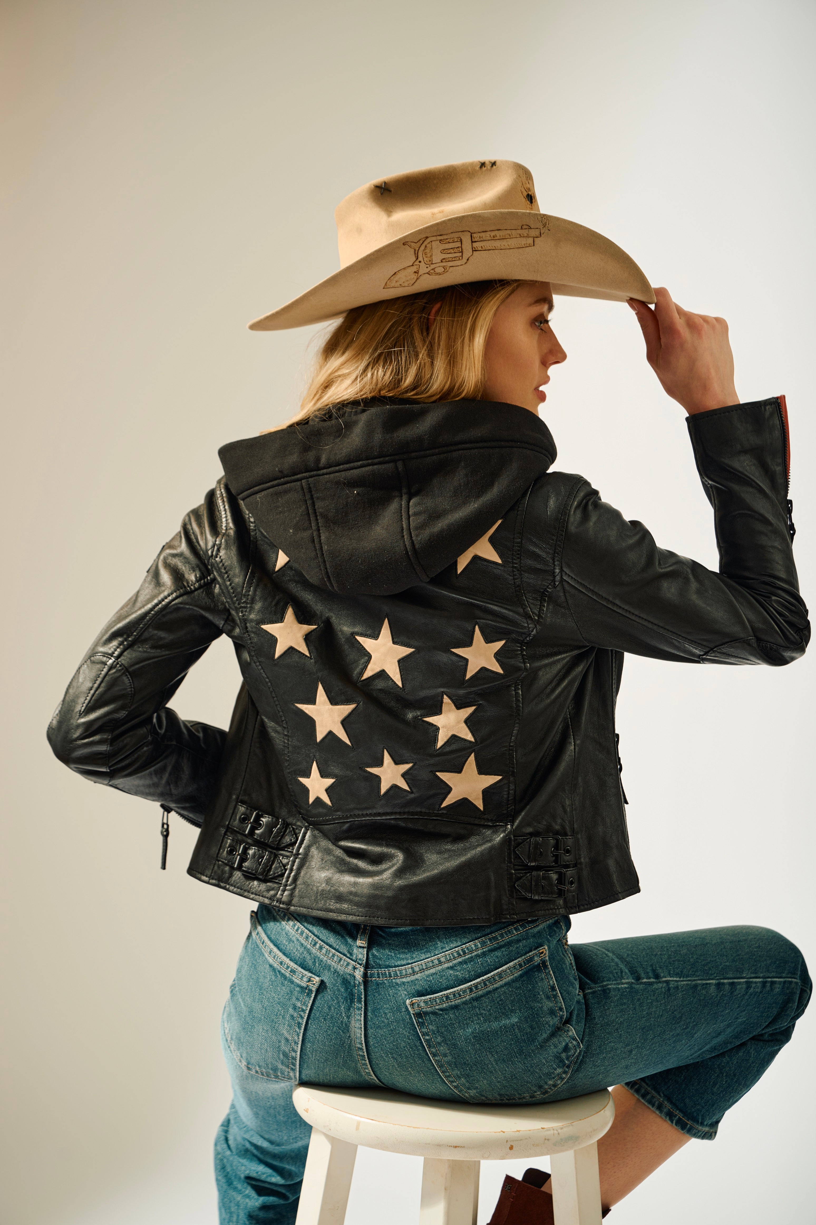Christyn RF Star Detail with Hood Leather Jacket