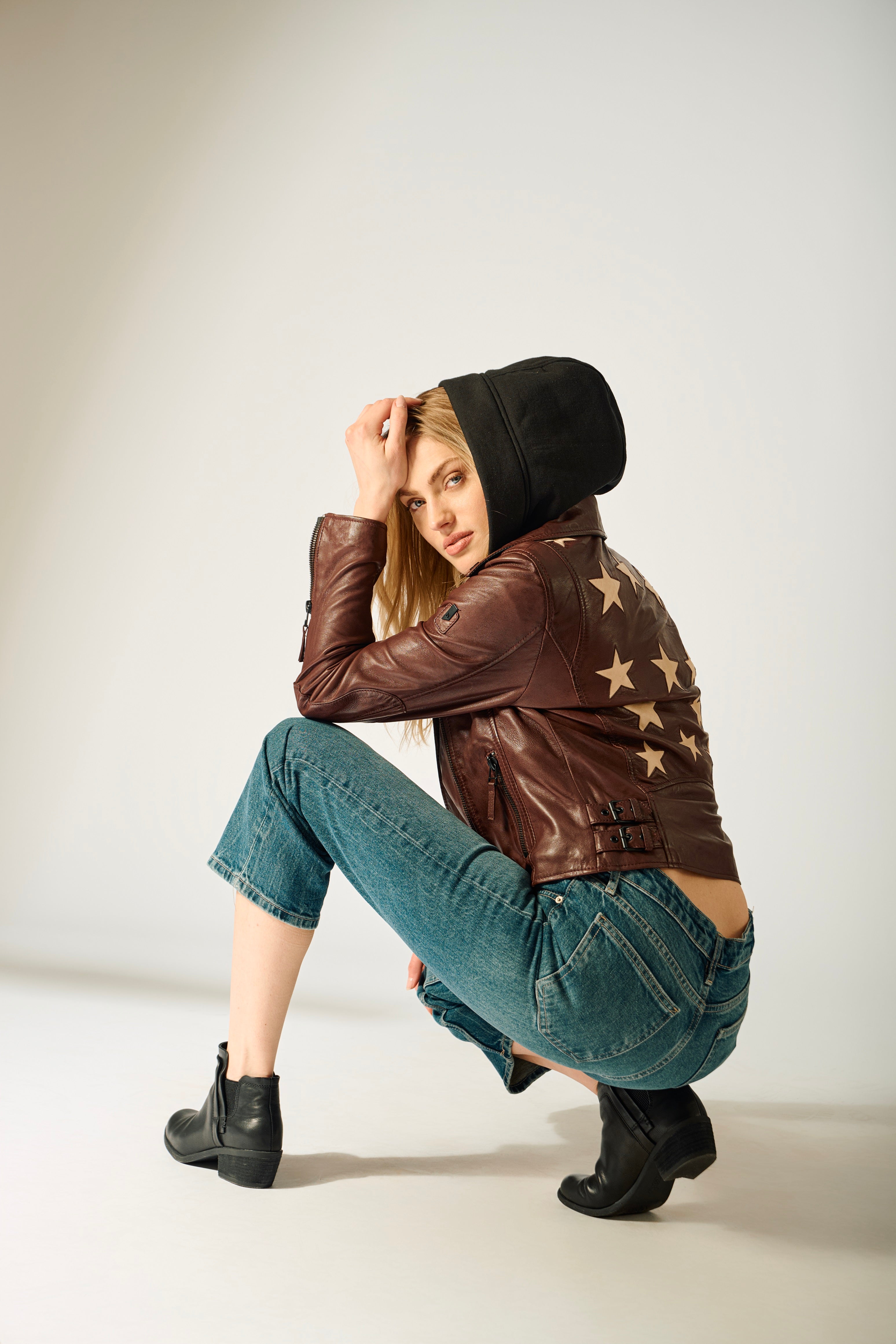 Christyn RF Star Detail with Hood Leather Jacket