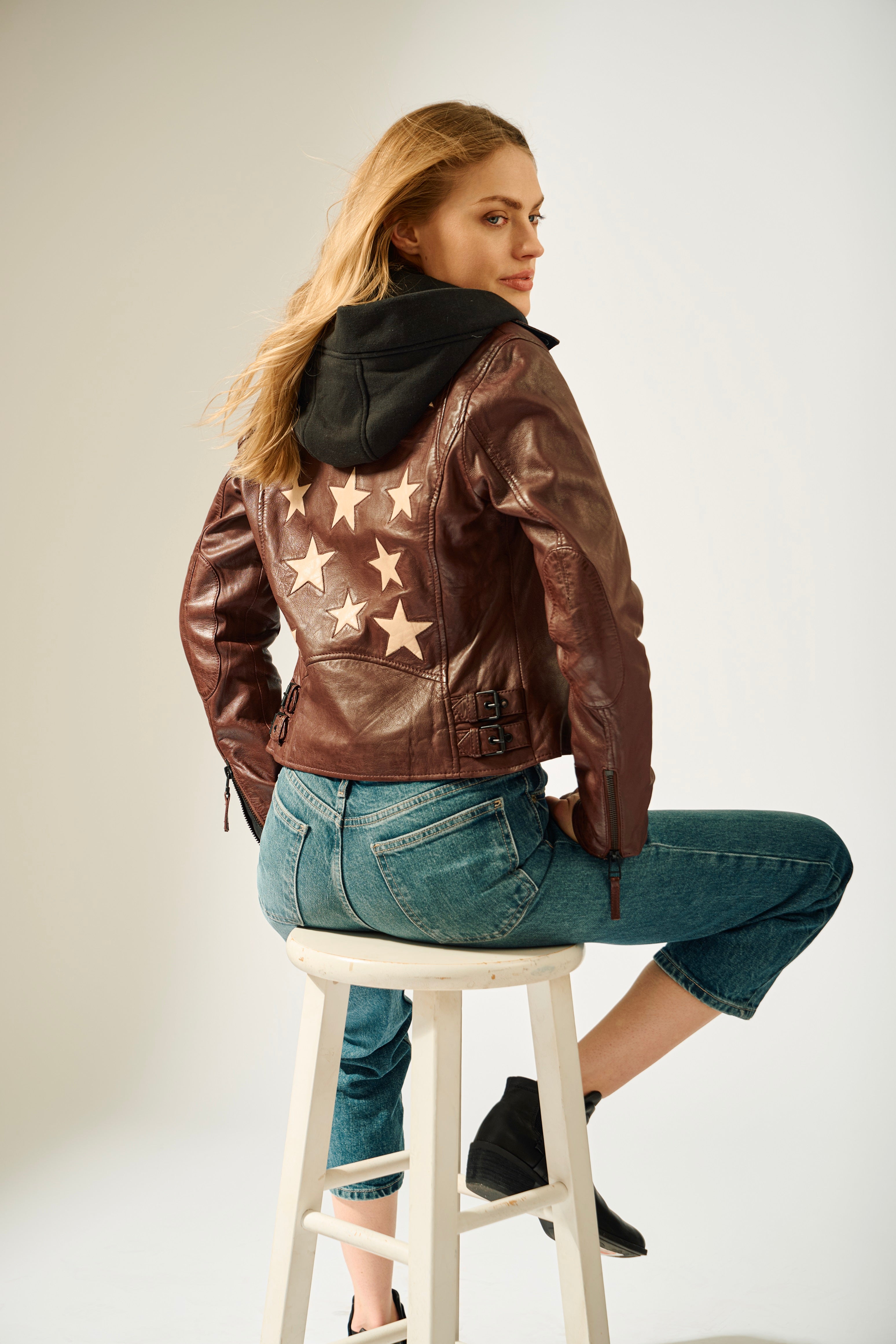 Christyn RF Star Detail with Hood Leather Jacket