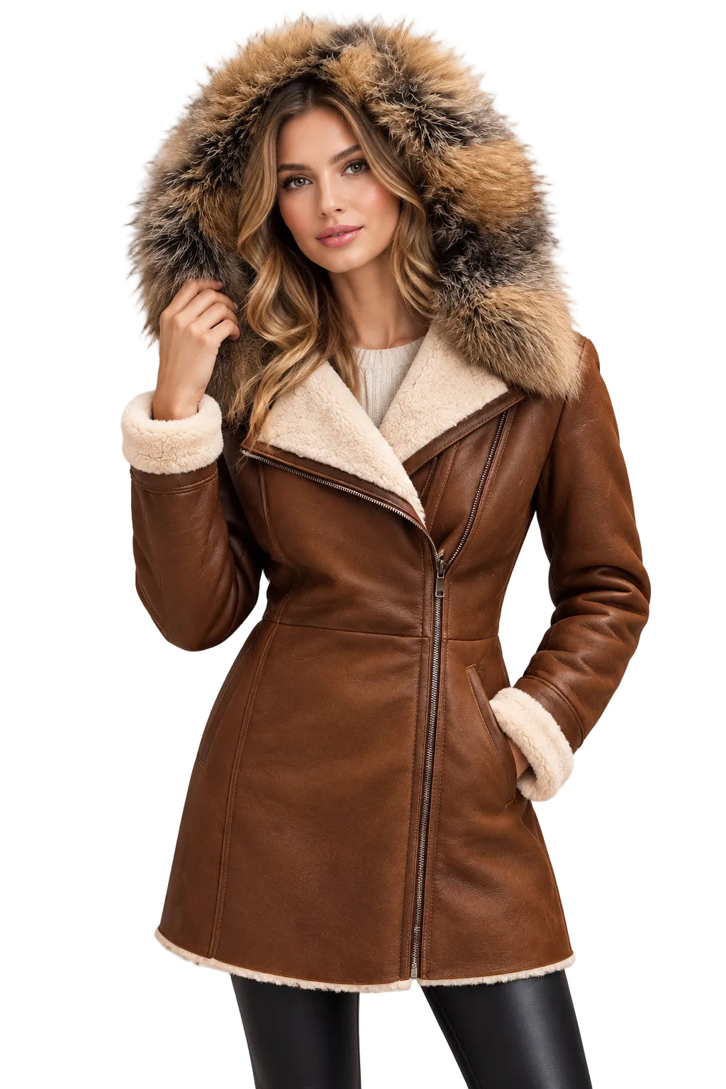 A brown sheepskin leather shearling coat with a large brown and gray fur trimmed hood, beige lining, and a front zipper, displayed on a hanger against a white background.