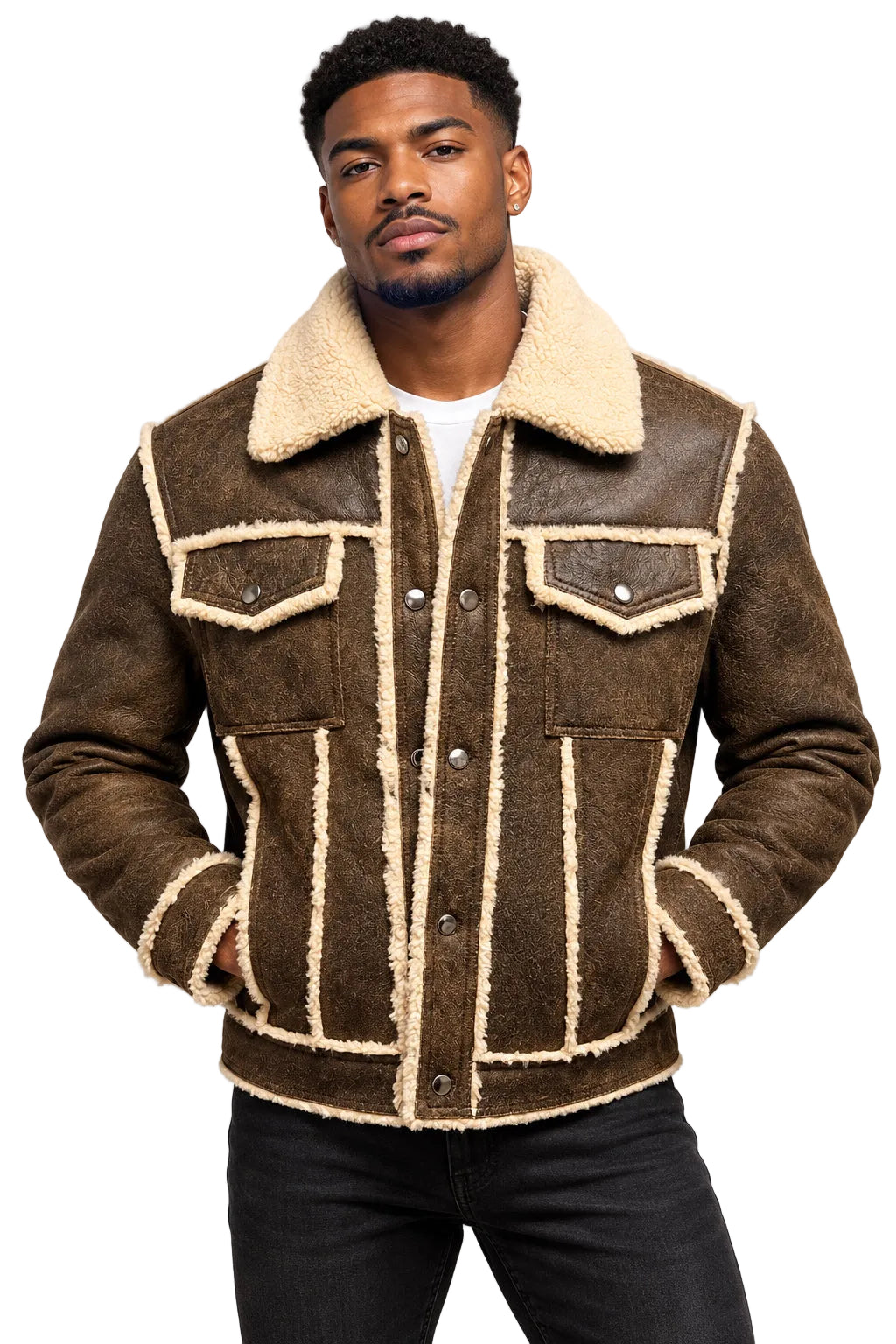 A brown leather and shearling jacket displayed on a white mannequin torso. The jacket features a thick cream-colored shearling collar, lining, and trim, with button-front closure and flap chest pockets.