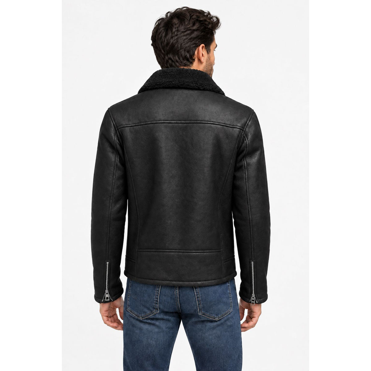 Black leather jacket with a high collar and zippered cuffs