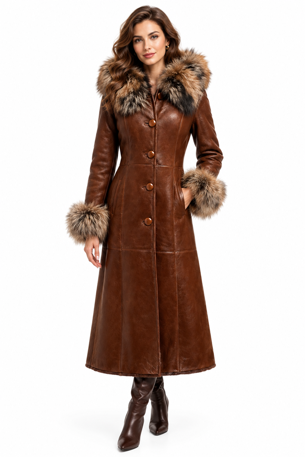 A woman models a long brown leather coat with a large brown and black fur-trimmed collar, matching fur-trimmed cuffs, and front buttons, paired with dark brown boots against a plain white background.