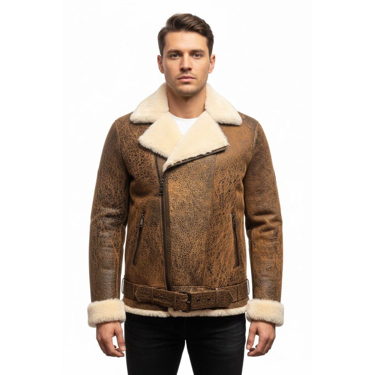 A brown distressed sheepskin shearling jacket-leather aviator jacket with a cream-colored shearling collar, cuffs, and hem, displayed on a white mannequin torso.
