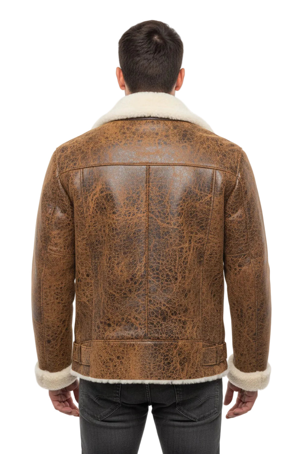 A distressed brown leather jacket with a cream-colored shearling collar and cuffs, .