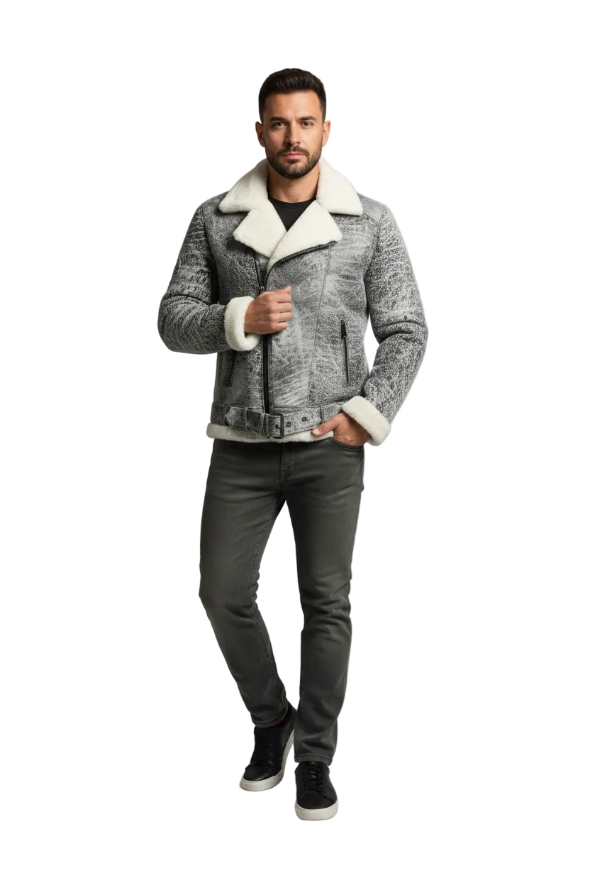 OGC Men’s Distressed Sheepskin Shearling Moto Jacket