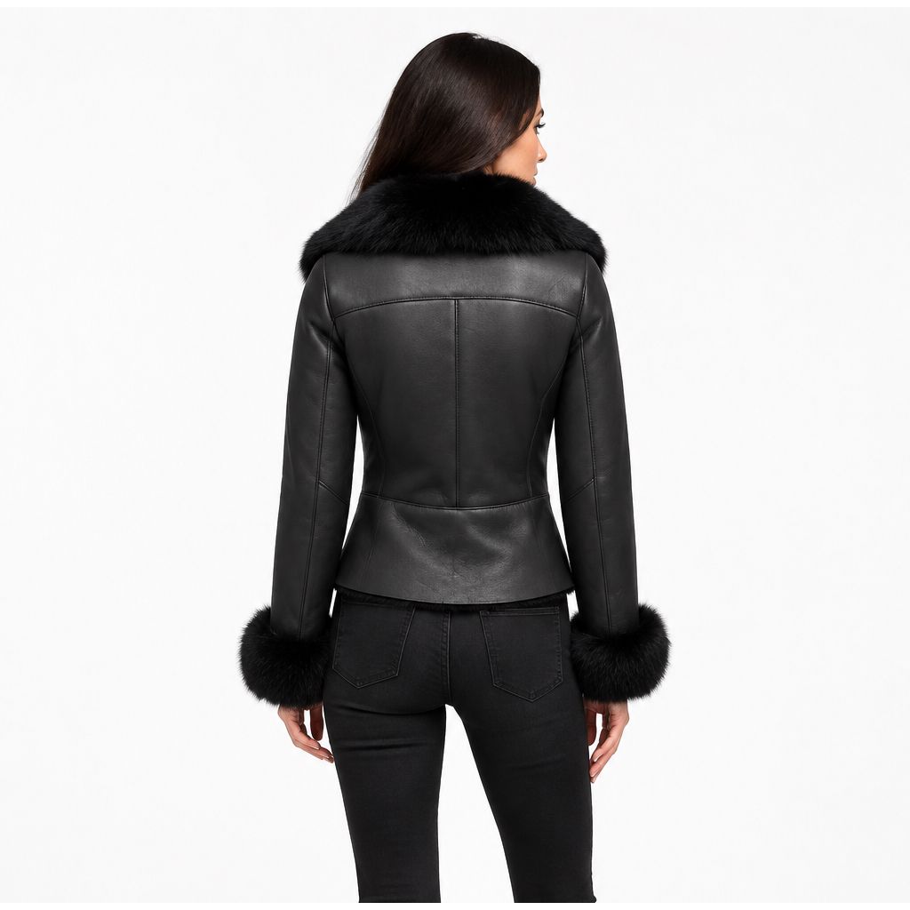 Black leather jacket with a large black fur collar and matching fur-trimmed cuffs,
