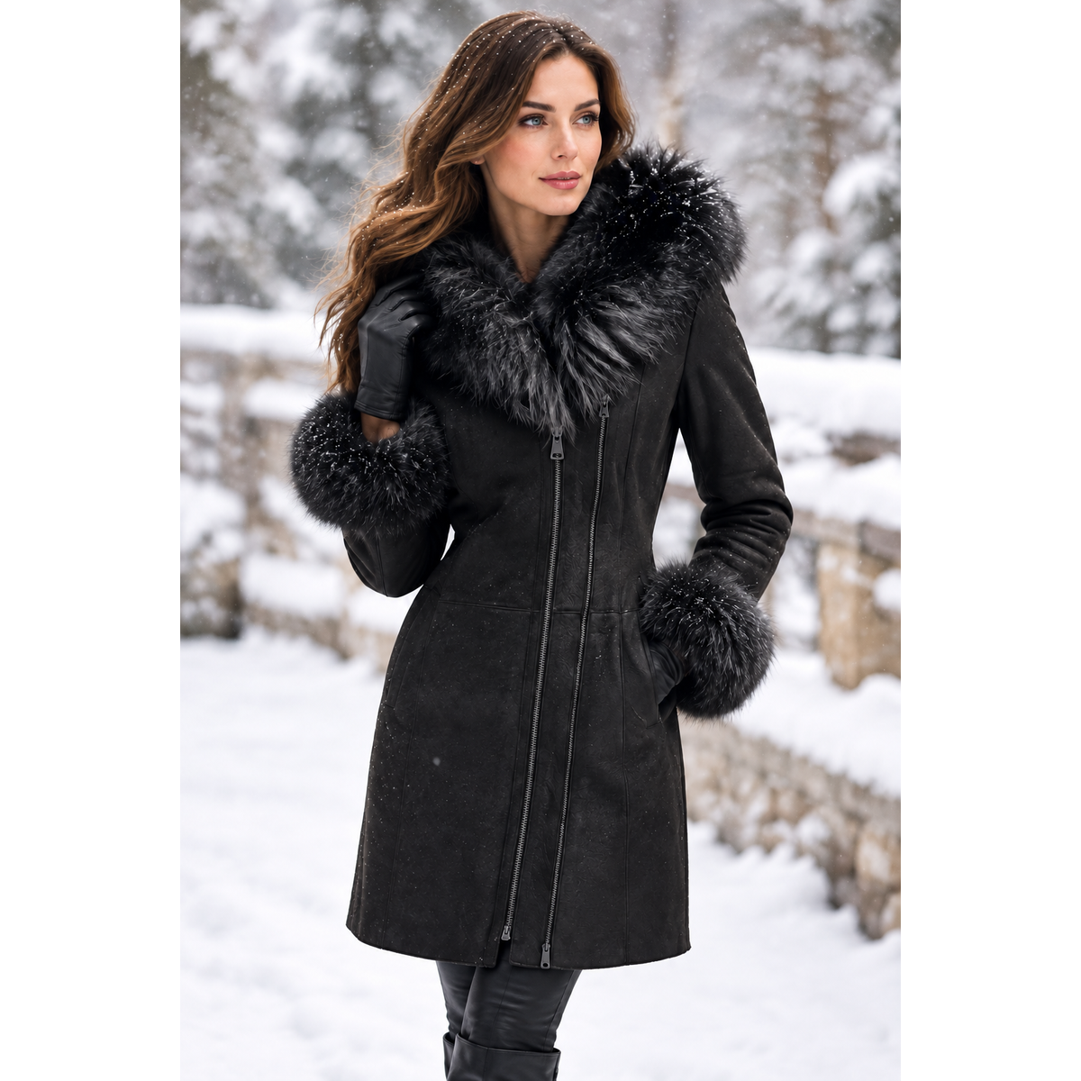 A woman wearing a black winter parka with a large black fur-trimmed collar and matching fur-trimmed cuffs, standing outdoors in a snowy setting.