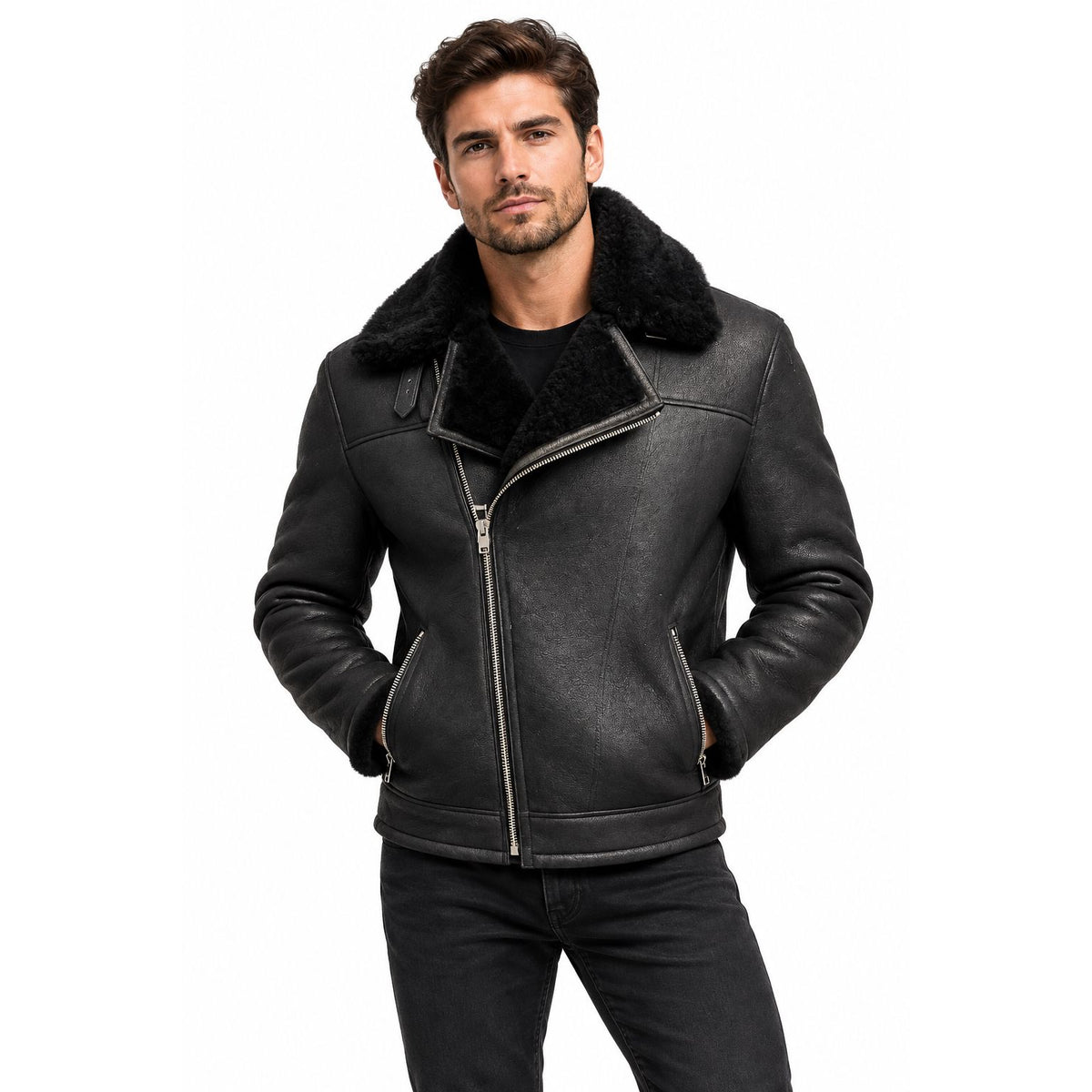 DODICI Men’s Distressed Tan Moto Shearling Jacket