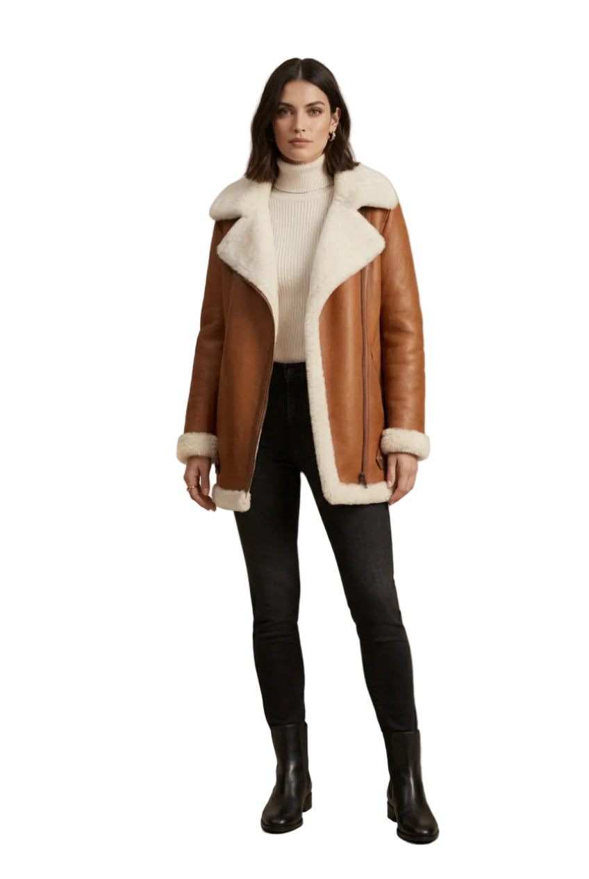 DODICI Women's Mid-Length Sheepskin Shearling Moto Jacket