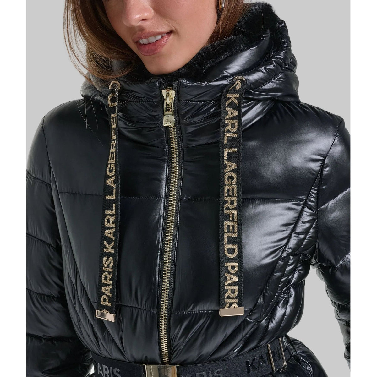 Karl Lagerfeld Paris Women's Glossy Black Puffer Winter Jacket
