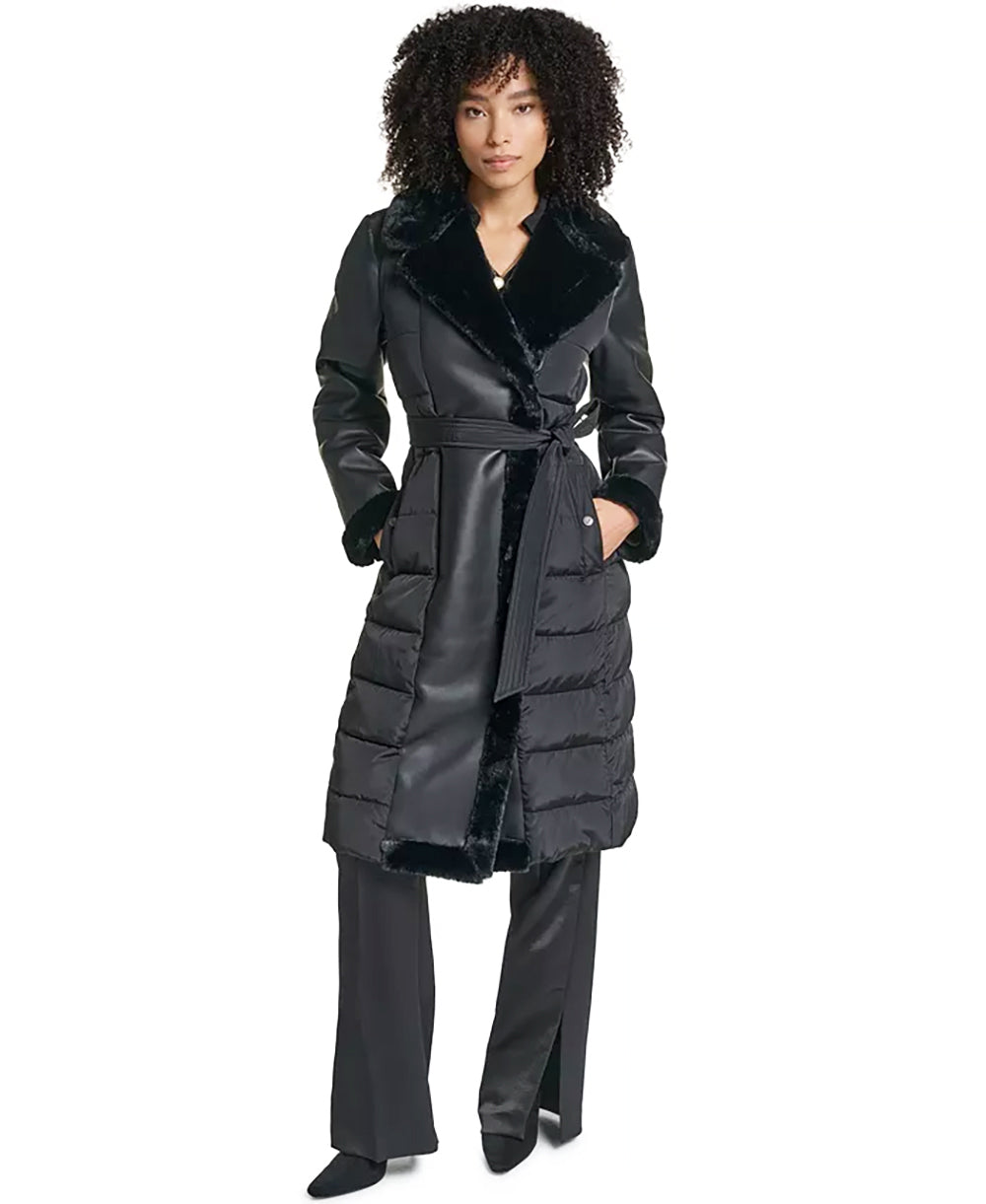 KARL LAGERFELD Women's Long puffer with Coat with Fur Faux Trim