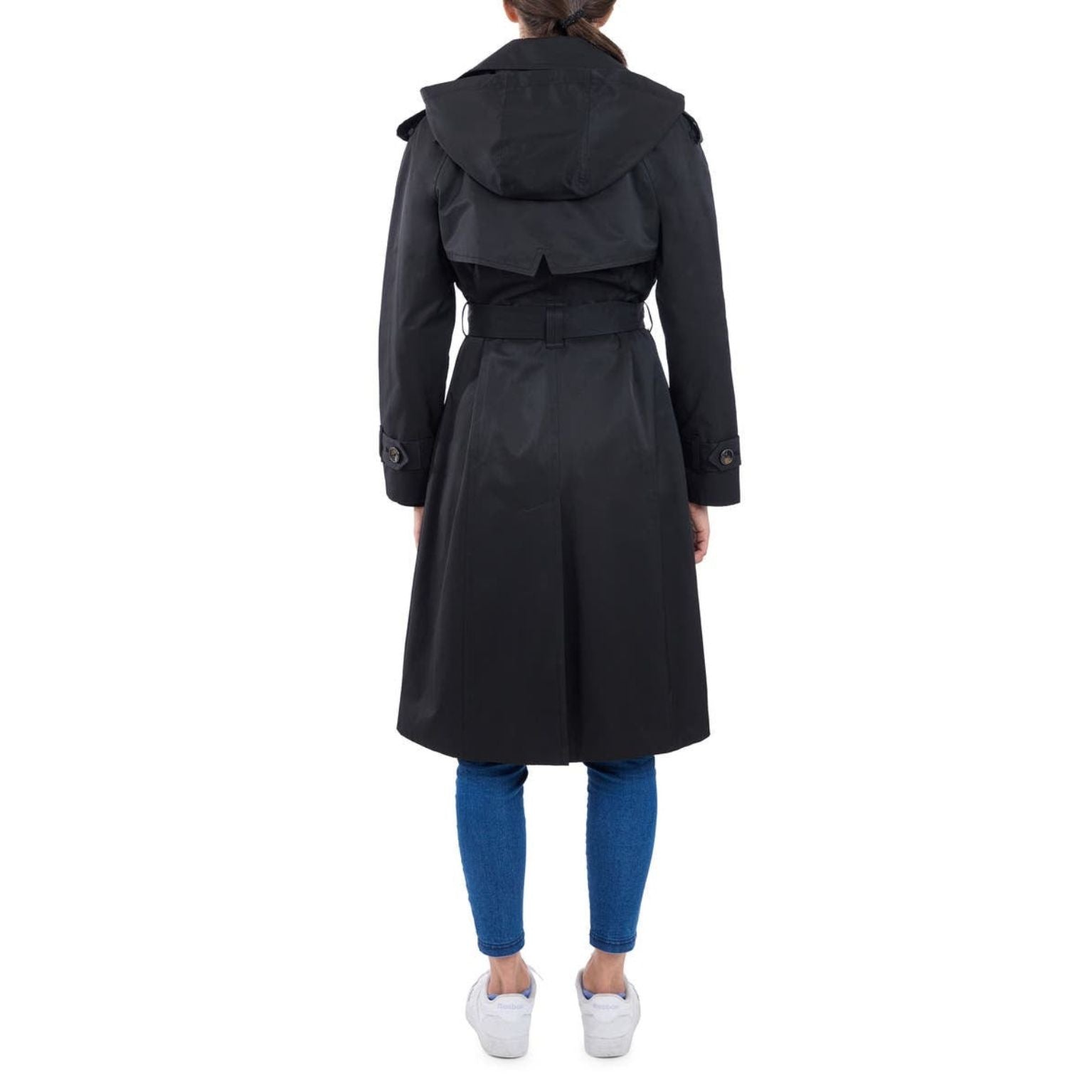 Black coat with a hood worn by a person on a white background