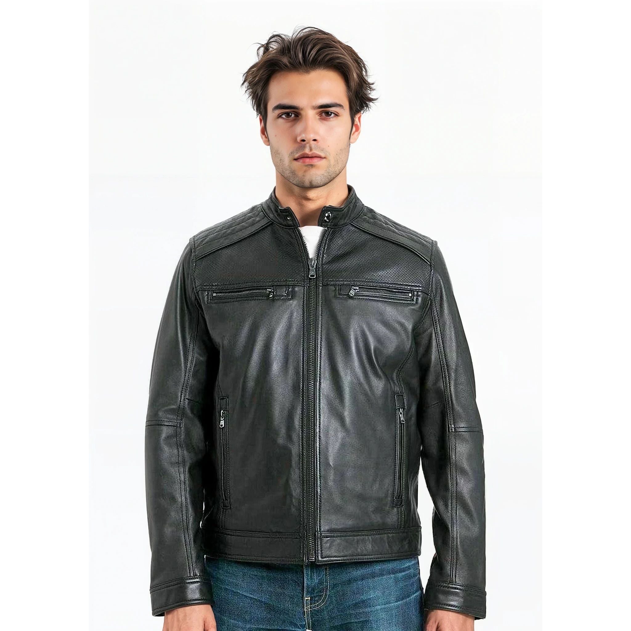 Michael Kors Men's Moto Genuine Leather Jacket with Perforated Panel