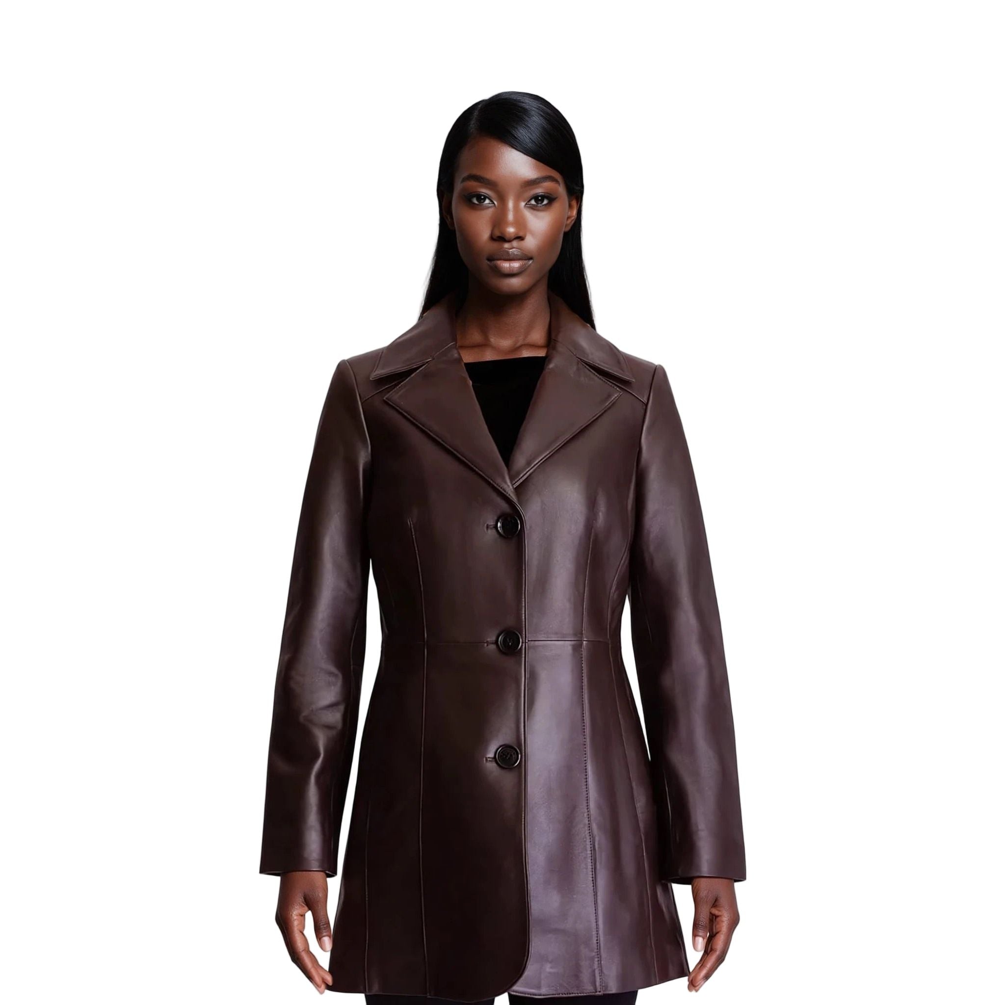 Woman wearing a brown leather coat on a white background