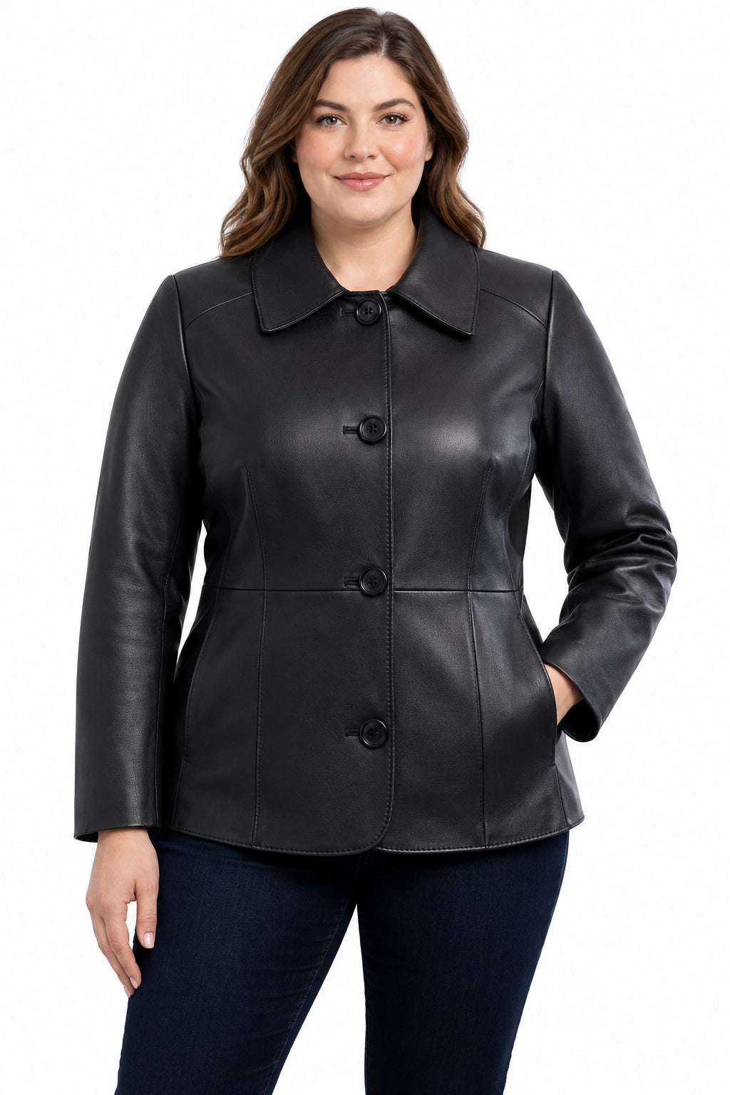 Black leather jacket worn by a person on a white background