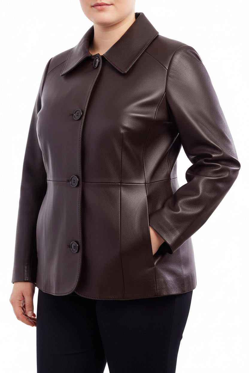 Brown leather jacket worn by a person on a white background