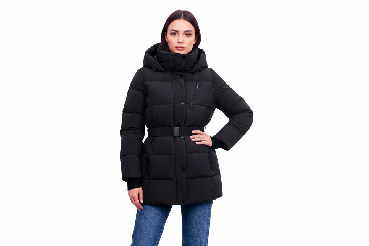 Person wearing a green winter coat on a white background