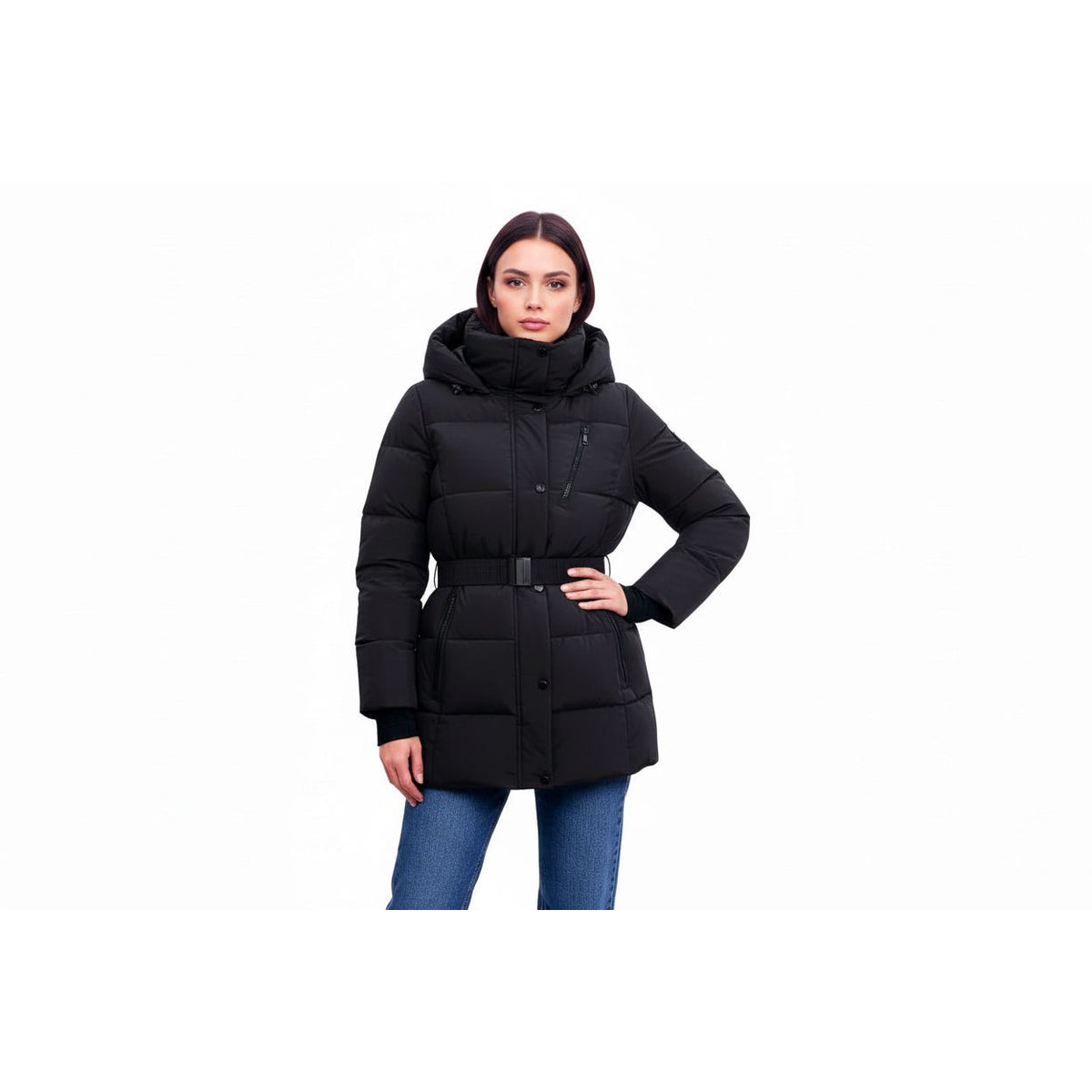 Person wearing a green winter coat on a white background