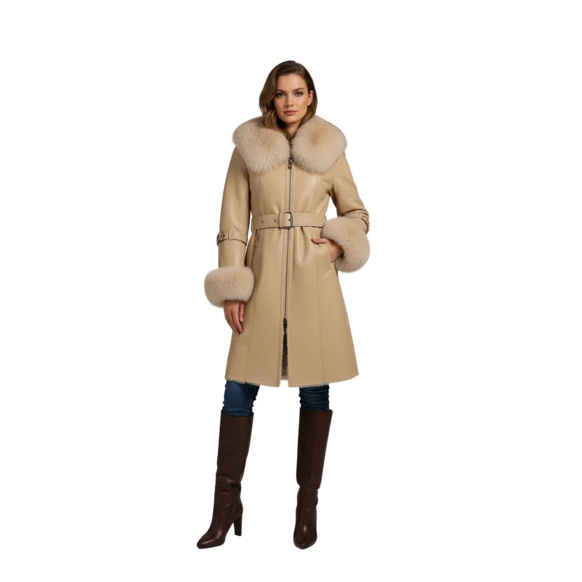 A beige shearling-style coat with a large cream fur collar and matching fur trim on the cuffs