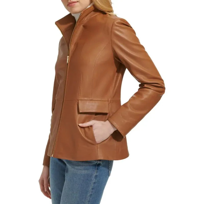 Cole Haan Women’s Inverted Collar Leather Jacket