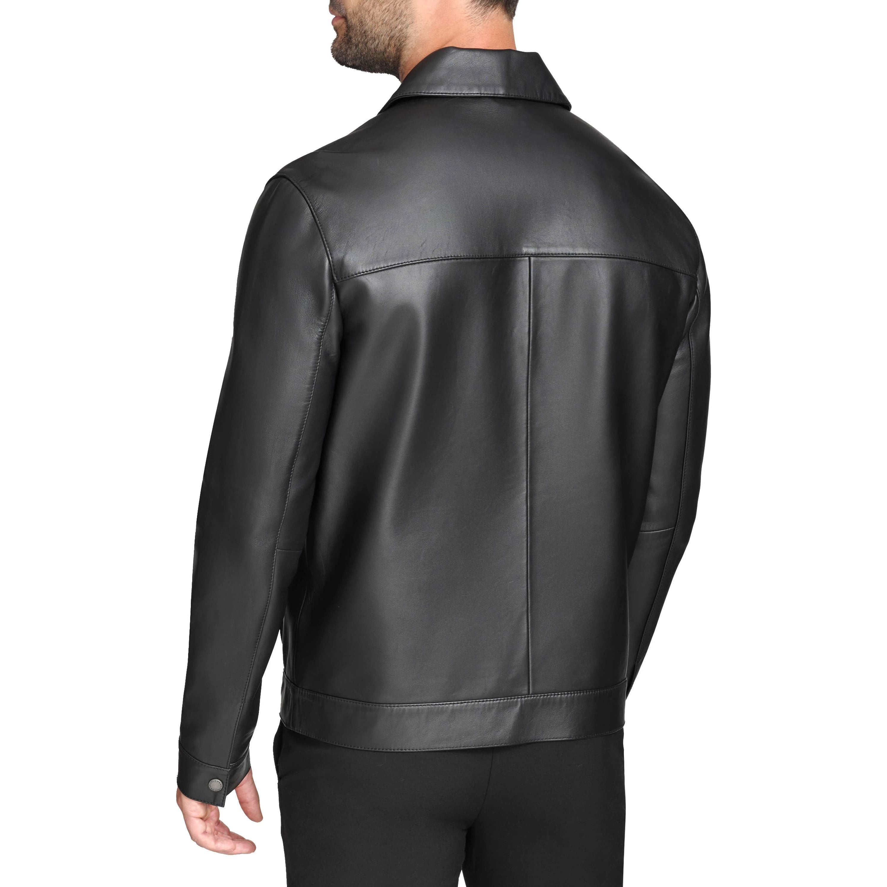 Cole Haan Men's Zip Front Genuine Leather Jacket with Chest Pockets