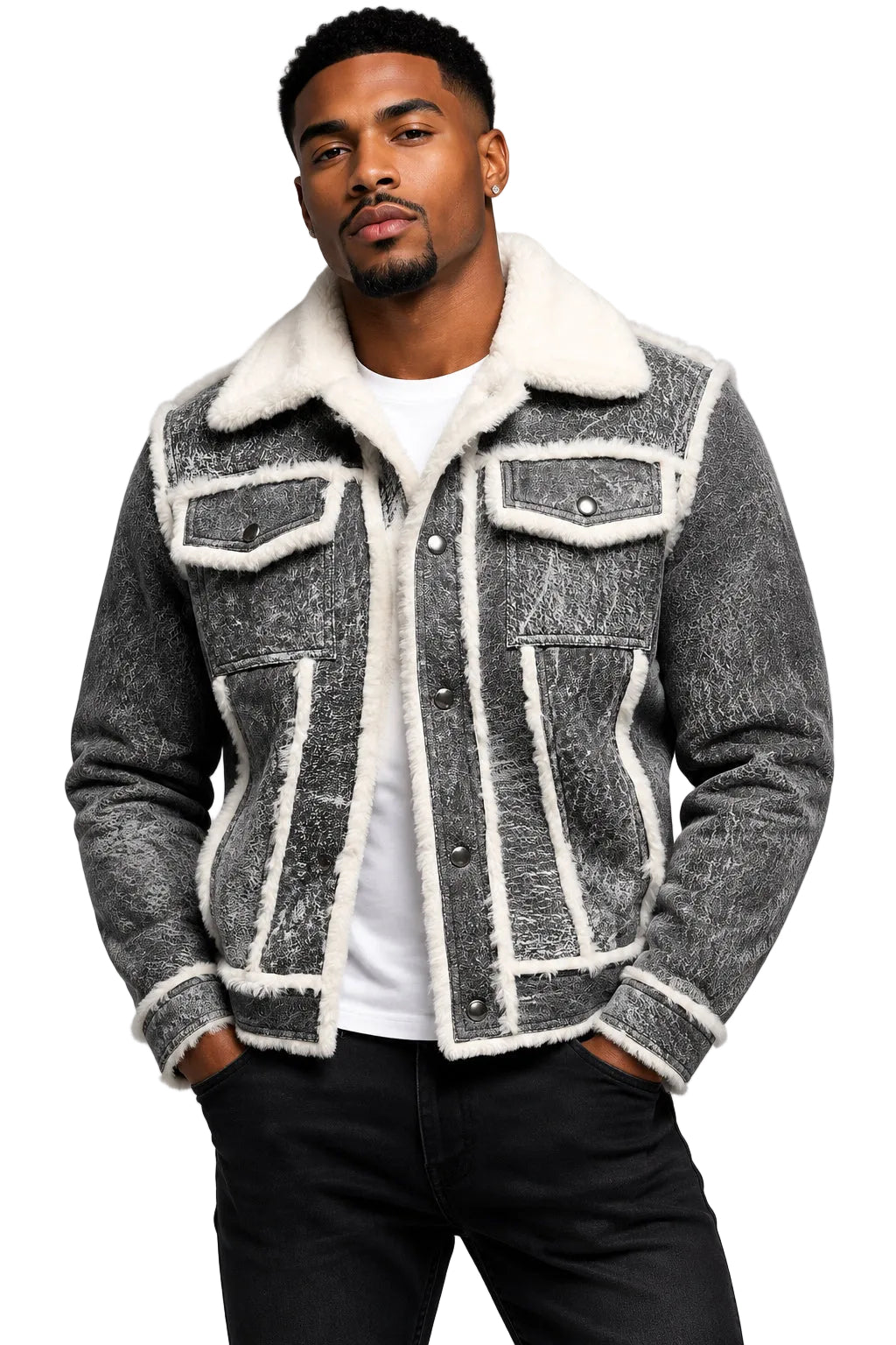 A gray distressed denim jacket with a white faux-shearling collar, lining, and trim,