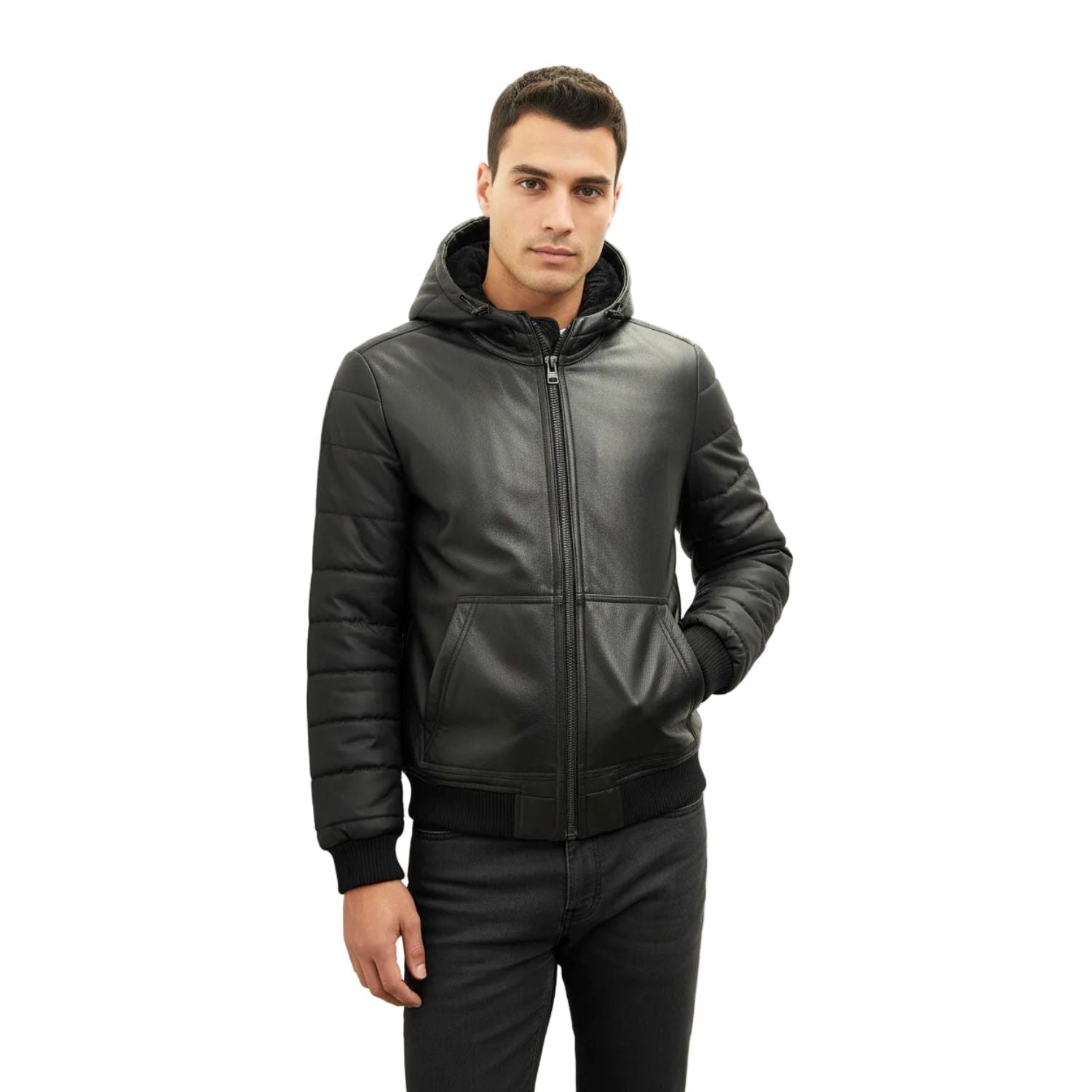 Man wearing a black leather jacket with a hood on a white background
