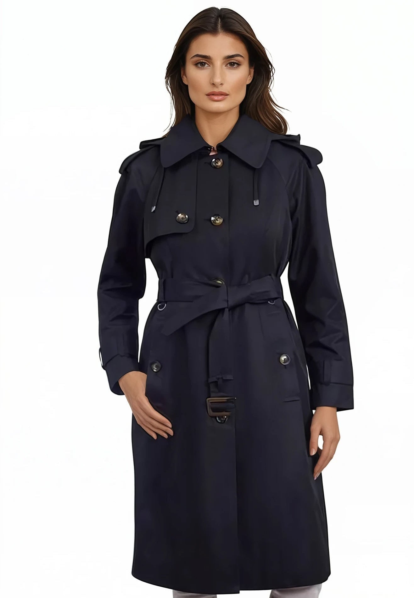 Woman wearing a navy blue trench coat on a white background