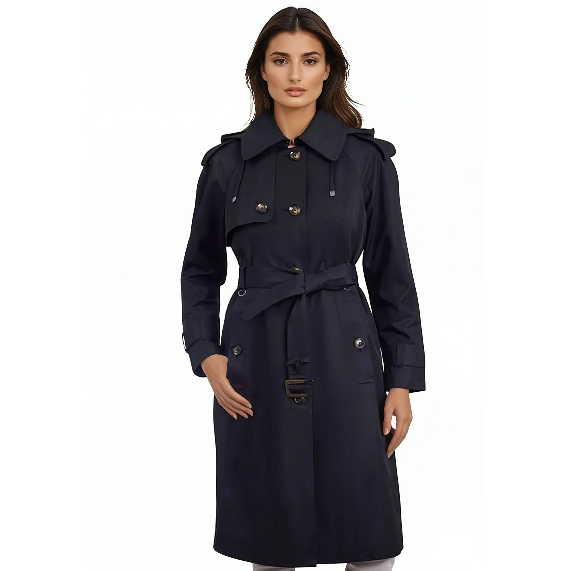 Woman wearing a navy blue trench coat on a white background