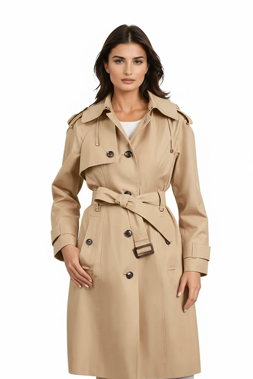 Woman wearing a beige trench coat on a white background