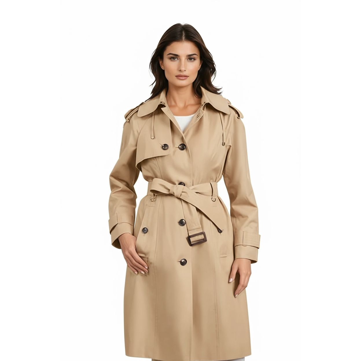 Woman wearing a beige trench coat on a white background
