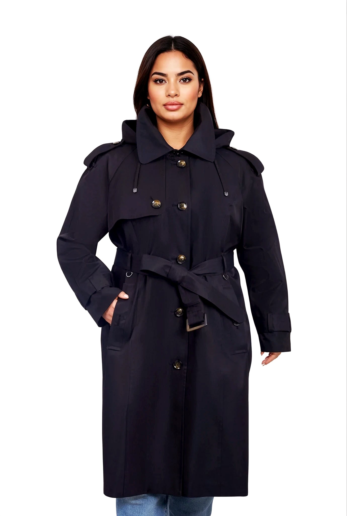 Woman wearing a dark blue trench coat on a white background