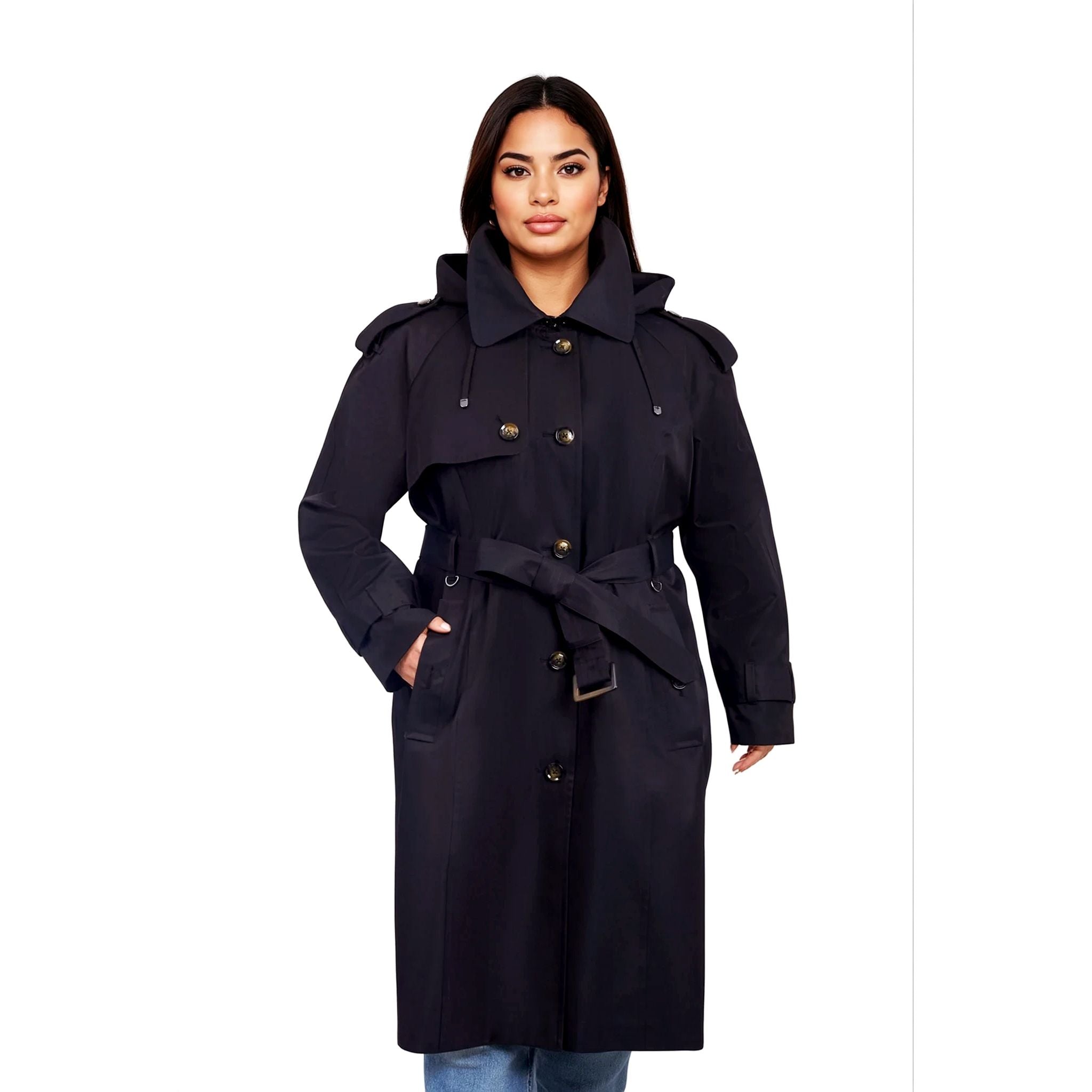 Woman wearing a dark blue trench coat on a white background