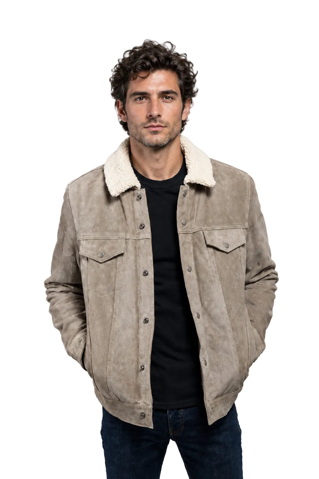 A man with long dark hair wearing a taupe suede jacket with a cream sherpa collar, a black t-shirt,