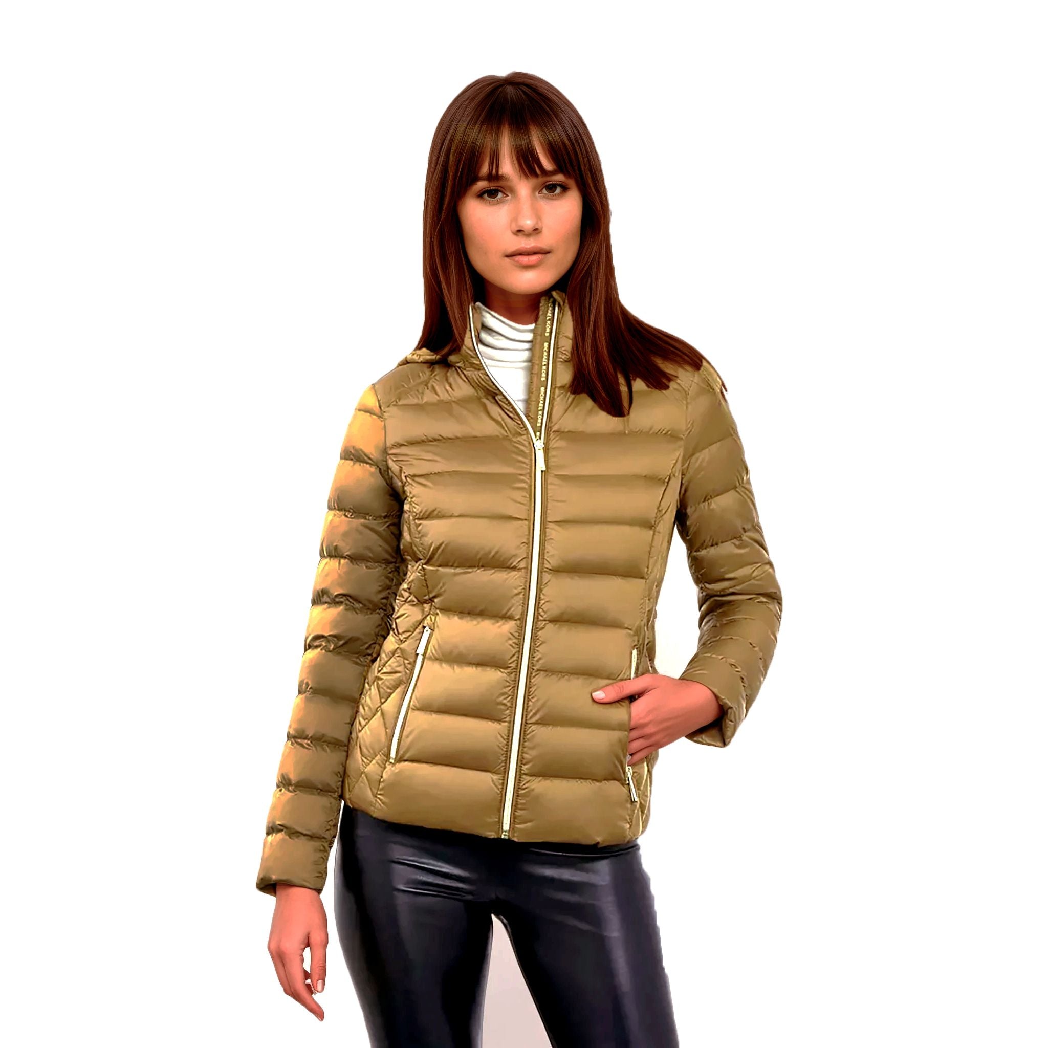 Woman wearing a beige puffer jacket on a white background