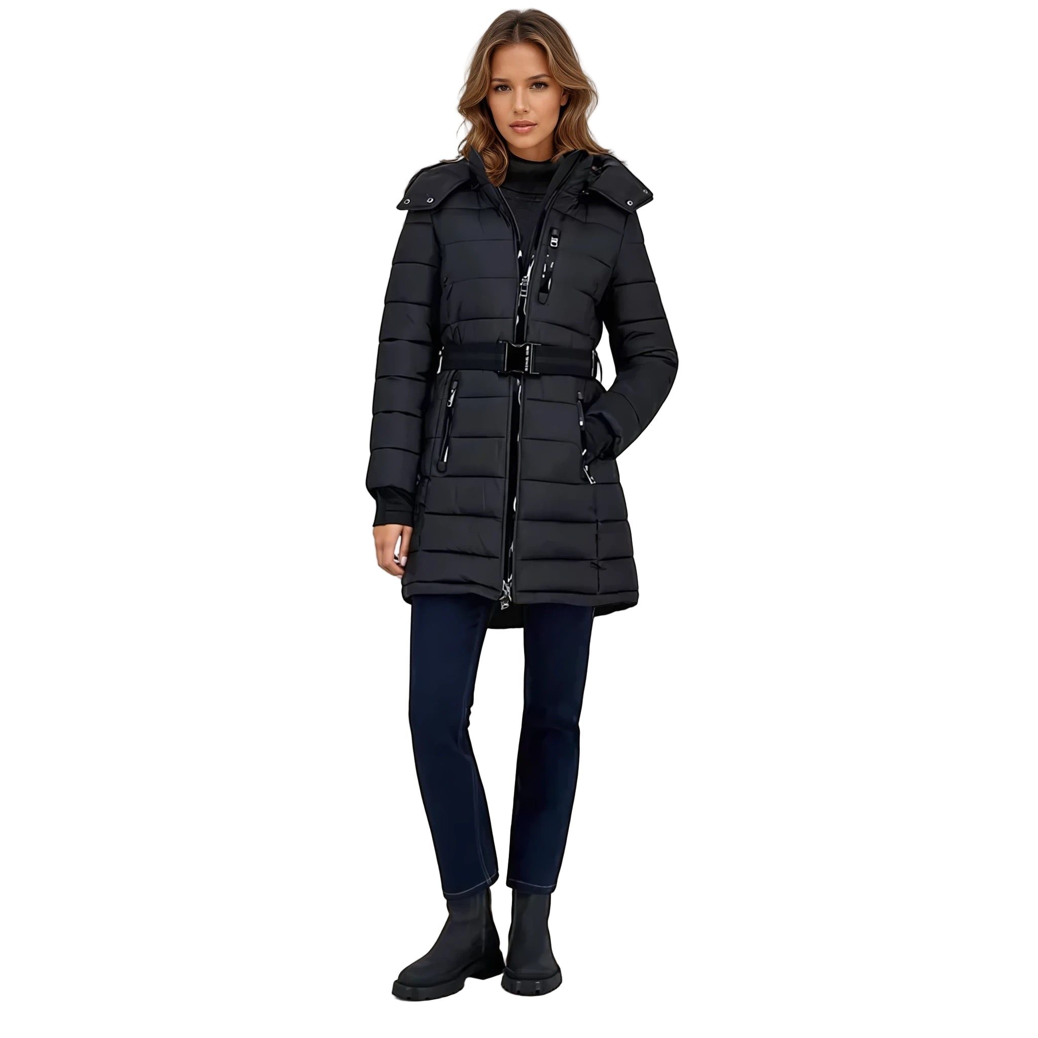 Woman wearing a black puffer coat on a white background
