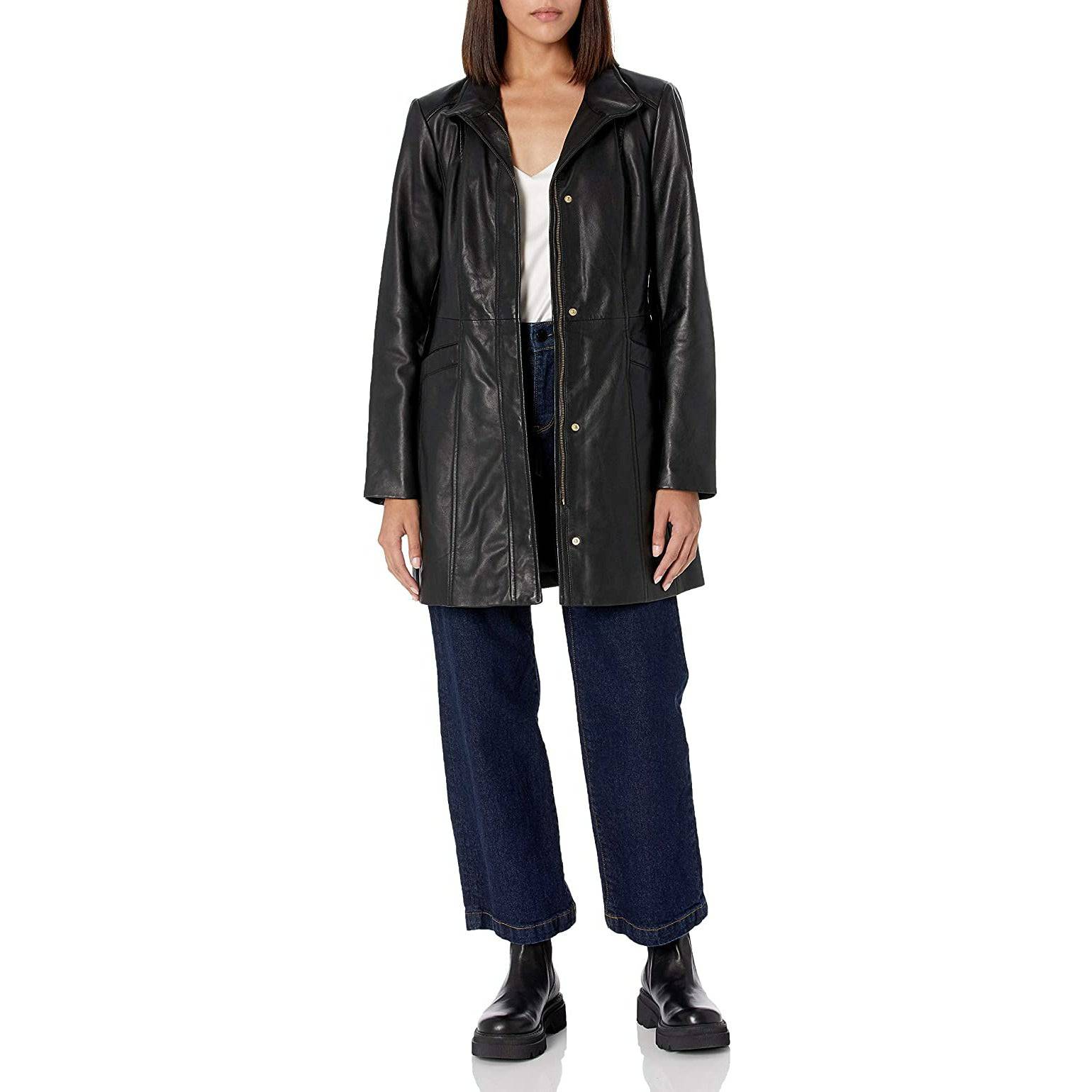 Cole Haan Women's Leather Collarless Mid-Length Coat - Zooloo Leather