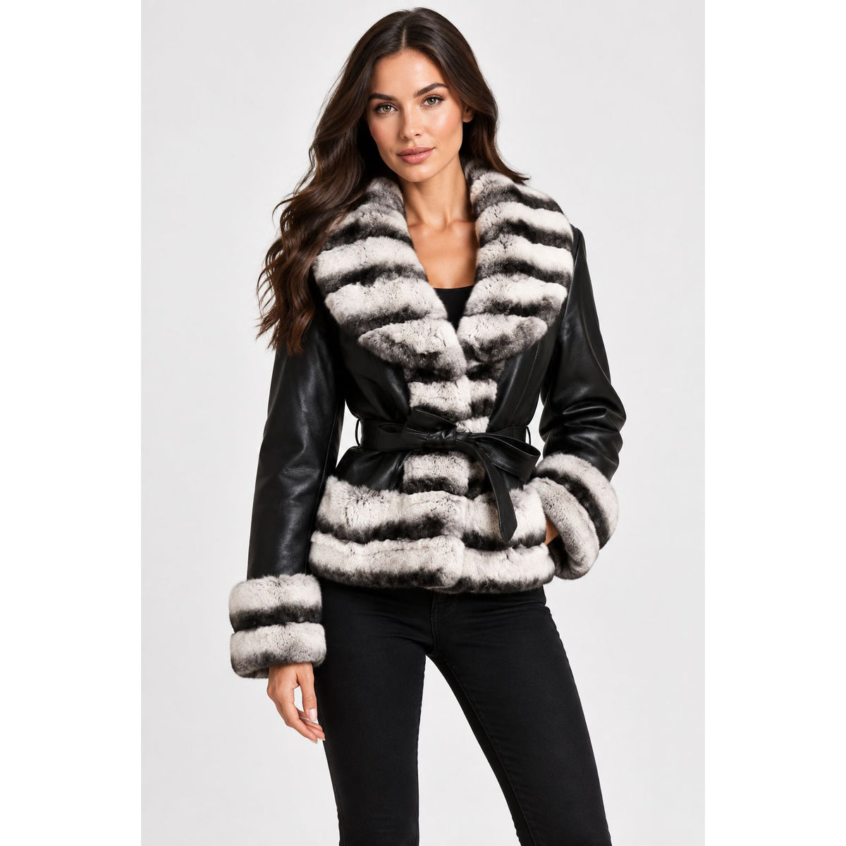 BARYA NEW YORK Women's Rex Rabbit Fur Trim Leather Jacket - Zooloo Leather