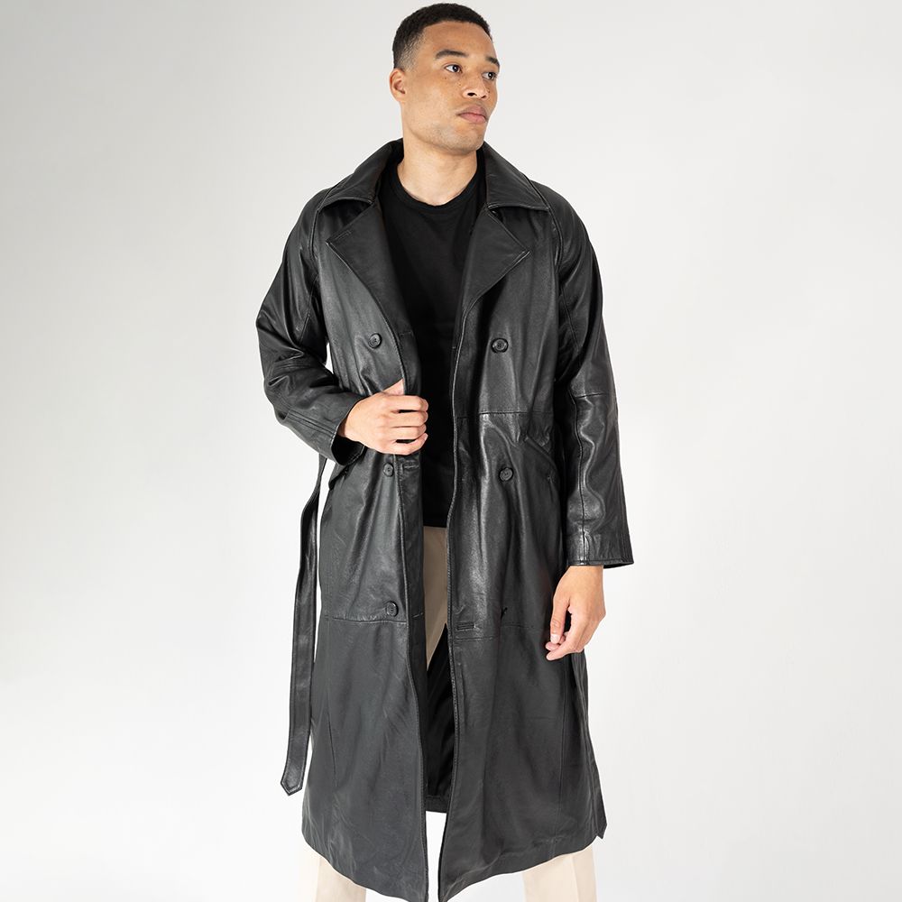 Deniz OS Leather Trench Coat, Black