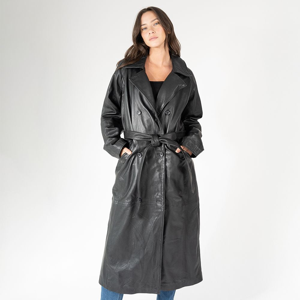 Deniz OS Leather Trench Coat, Black